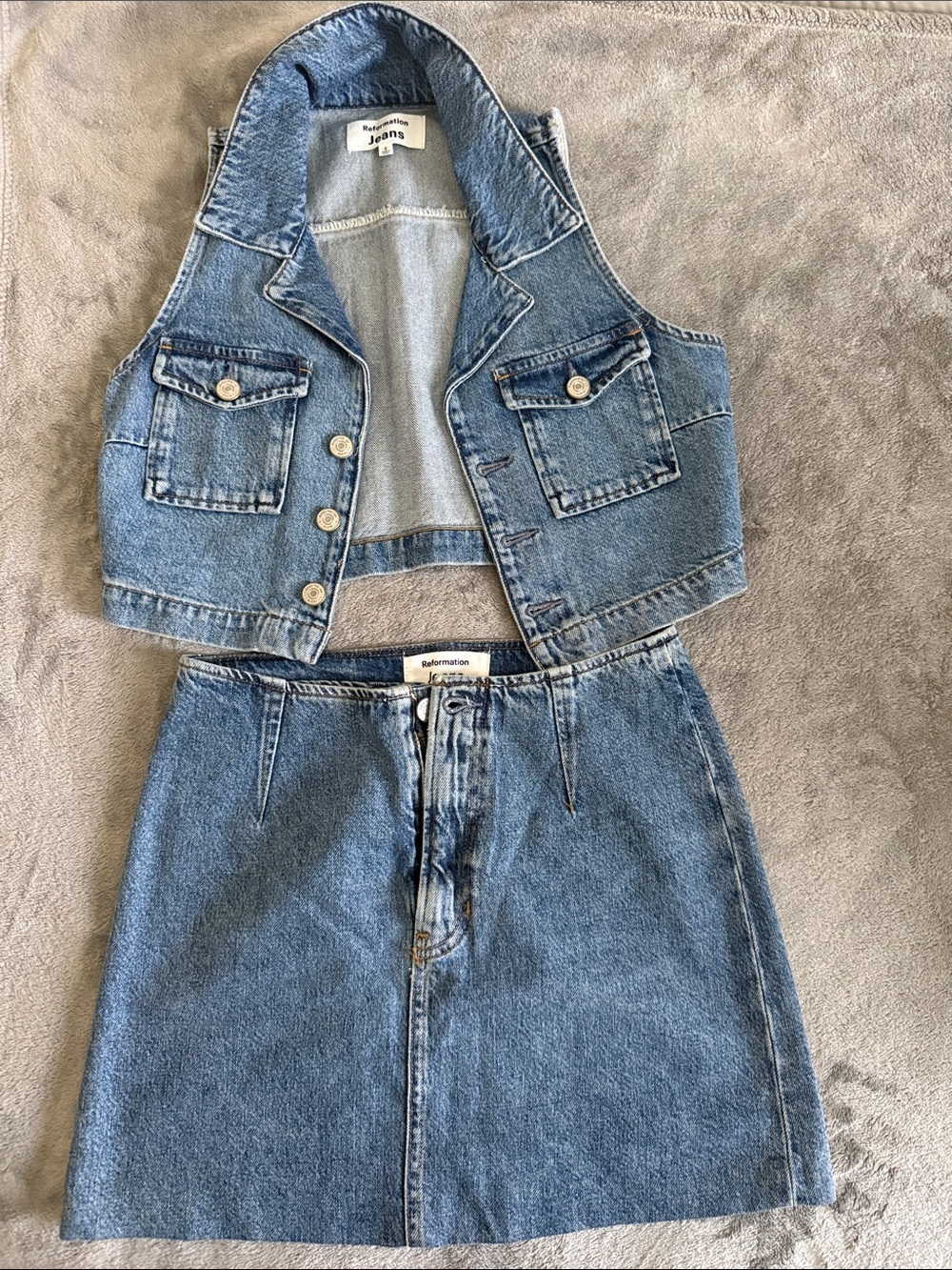 Reformation Light Blue Denim Vest & Skirt Set